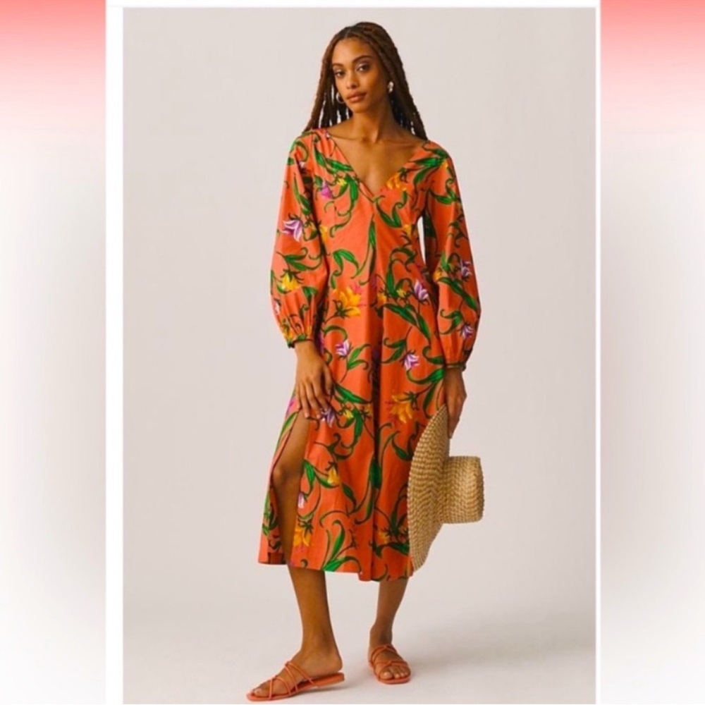 Anthropologie x Farm Rio Orange and Green Floral Long Sleeve Dress